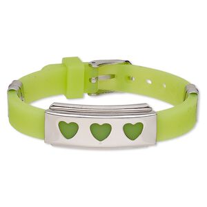 Bracelet, Softique™, silicone and stainless steel, light green, 16mm wide with 39x16mm rectangle and cutout hearts, adjustable from 5-1/2 to 7-1/2 inches with buckle-style closure. Sold individually.