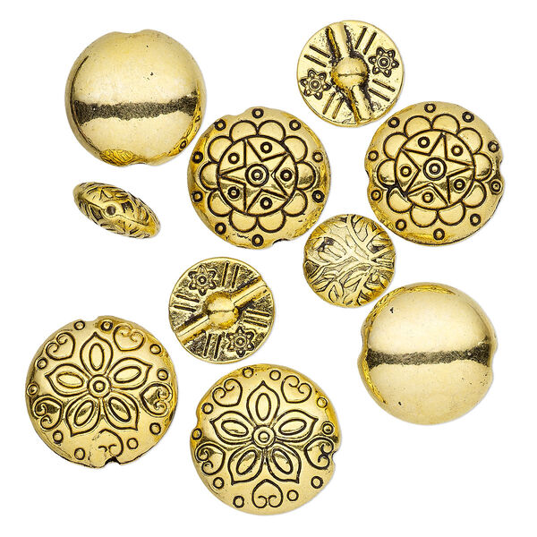 Bead, antique gold-finished "pewter" (zinc-based alloy), 12-19mm double-sided puffed round with assorted designs. Sold per pkg of 10. image number 0