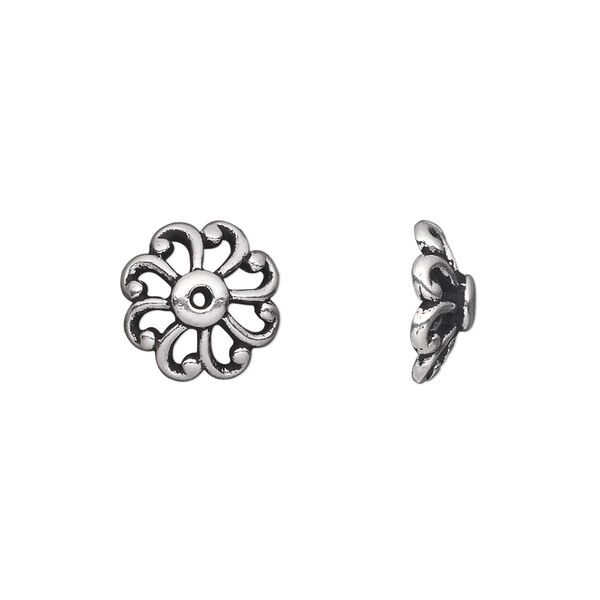 Bead cap, TierraCast®, antique silver-plated pewter (tin-based alloy), 12x4.5mm open round with swirls, fits 12-16mm bead. Sold per pkg of 20. image number 0