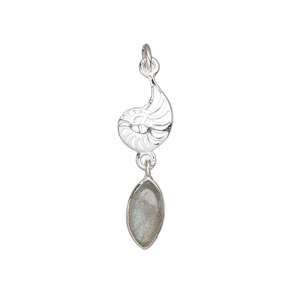 Labradorite / sterling silver 1pkg1, nautilus drop natural antiqued 26x8mm image number 1