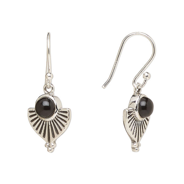 Ear wire, Create Compliments®, antiqued sterling silver and black onyx (dyed), fishhook, 28mm with 14x11.5mm single-sided fan, 21 gauge. Sold per pair. image number 0