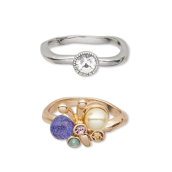 Ring, crystals / acrylic pearl / Czech glass rhinestone / imitation rhodium-plated / gold-finished "pewter" (zinc-based alloy), multicolored, 15x15mm butterfly and 8mm faceted round, size 8. Sold per pkg of 2. image number 0