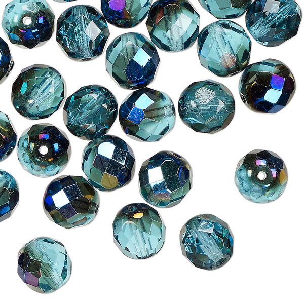 Czech fire-polished glass 1pkg50, faceted round bead half-coated teal blue iris 8mm image number 0