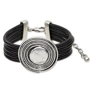 Bracelet, 5-strand, leather (dyed) and antique silver-finished "pewter" (zinc-based alloy), black, 19mm wide with 35mm spiral round, 6-1/2 inches with 3-inch extender chain and lobster claw clasp. Sold individually.