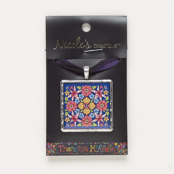 Necklace, ribbon / resin / silver-finished "pewter" (zinc-based alloy), multicolored, 35mm square with flower design and glitter, adjustable from 14 to 26 inches with slide knot closure. Sold individually. image number 0