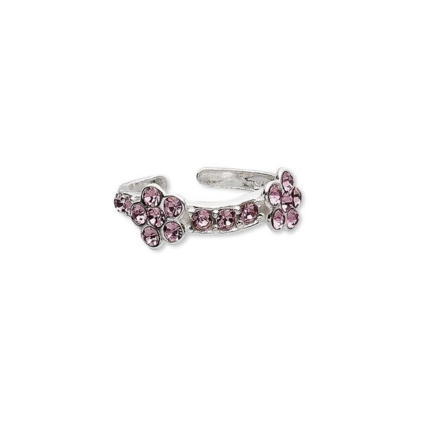 Toe ring, sterling silver and glass rhinestone, purple, 3mm wide with 6mm flower, adjustable. Sold individually. image number 0