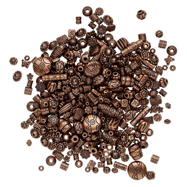 Bead mix, antiqued copper- finished plastic, 6.5x2mm-25x19.5mm mixed shape. Sold per 250-gram pkg, approximately 1,300 beads. image number 1