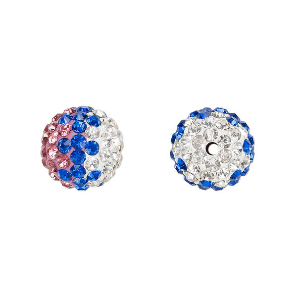 Bead, Egyptian glass rhinestone / epoxy / resin, pink / white / cobalt blue, 12mm round with pavé wave design. Sold individually. image number 0