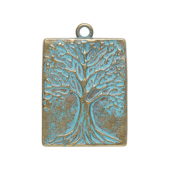 Drop, antique brass-finished "pewter" (zinc-based alloy), green patina, 28x22mm single-sided rectangle with tree of life. Sold per pkg of 2. image number 0