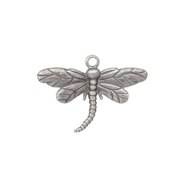 Charm, antique silver-plated brass, 26x15mm single-sided dragonfly. Sold per pkg of 10. image number 0