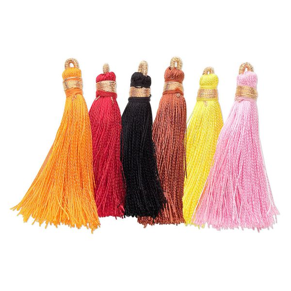 Tassel, silk (imitation) and gold-finished copper, black and warm colors, 1-3/4 to 2 inches. Sold per pkg of 12. image number 0
