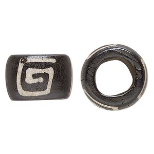 Bead, bone (dyed), black and white, 24x15mm-22x14mm hand-painted barrel with spiral design. Sold per pkg of 4.