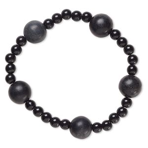 Bracelet, stretch, blackstone (dyed) and acrylic, black, 5mm and 12-13mm round, 6-1/2 inches. Sold individually.