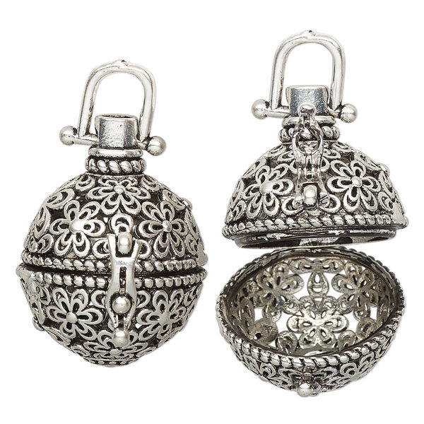 Drop, antique silver-finished brass, 28.5x21mm round bead cage with cutout flowers design and safety latch, fits up to 16mm bead. Sold individually. image number 0