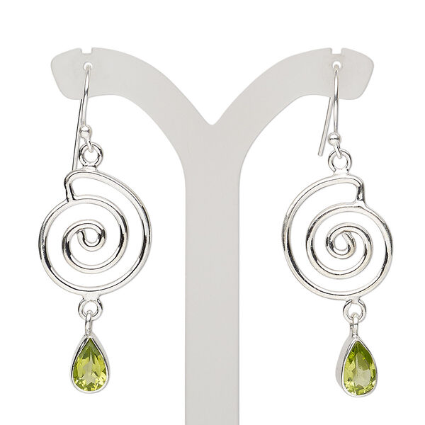 Earring, peridot (natural) and sterling silver, 49mm with spiral and fishhook ear wire, 21 gauge. Sold per pair. image number 0