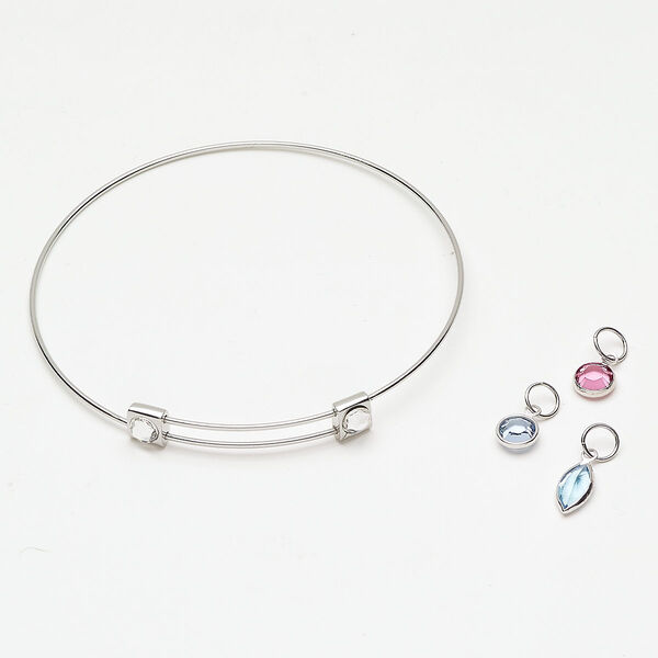 Bracelet bangle drop 1pkg4 "pewter" (zinc-based alloy) / crystal, silver finish / multicolored 8 inches adjustable image number 0
