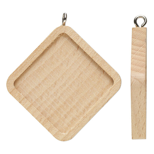 Focal, Japanese pagoda wood (natural) and stainless steel, tan, 38.5mm single-sided diamond with 25mm non-calibrated square glue-in setting. Sold per pkg of 8. image number 0