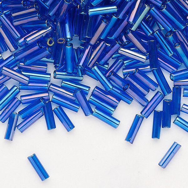 Bead, Preciosa Ornela Czech glass, bugle bead, pkg/50g, 1/4 inch, rainbow translucent sapphire blue, (61300). image number 0