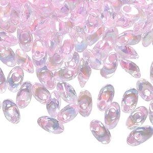 Seed bead, Miyuki, glass, pkg/10g, 7x4mm long magatama, translucent luster rainbow clear and pink (LMA-2144).