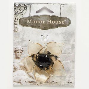 Pendant, lampworked glass, amber yellow, 56x55x22mm flower. Sold individually.