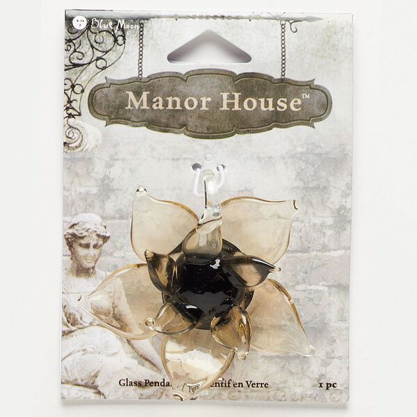 Pendant, lampworked glass, amber yellow, 56x55x22mm flower. Sold individually. image number 0