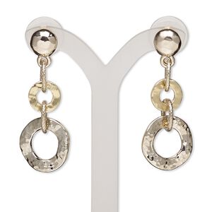 Earring, plastic with gold-finished steel and "pewter" (zinc-based alloy), 43mm with matte and shiny round with post. Sold per pair.