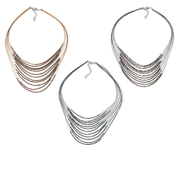 Necklace mix, glass / nylon / silver-finished steel, mixed colors, 16 inches with 2-1/2 inch extender chain and lobster claw clasp. Sold per pkg of 3. image number 0
