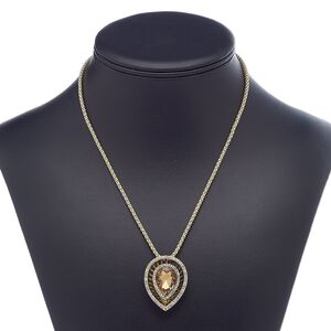 Necklace, glass rhinestone / glass / gold-finished steel / "pewter" (zinc-based alloy), topaz brown and clear, 35x27mm teardrop, 18 inches with 3-inch extender chain and lobster claw clasp. Sold individually.
