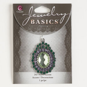 Focal 1pkg1, antique silver-finished "pewter" (zinc-based alloy) and acrylic, green and light green, 42x30mm fancy oval.