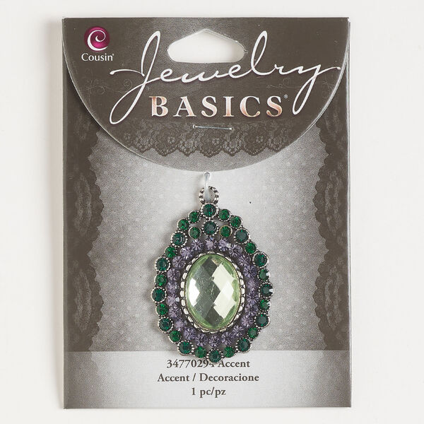 Focal 1pkg1, antique silver-finished "pewter" (zinc-based alloy) and acrylic, green and light green, 42x30mm fancy oval. image number 0