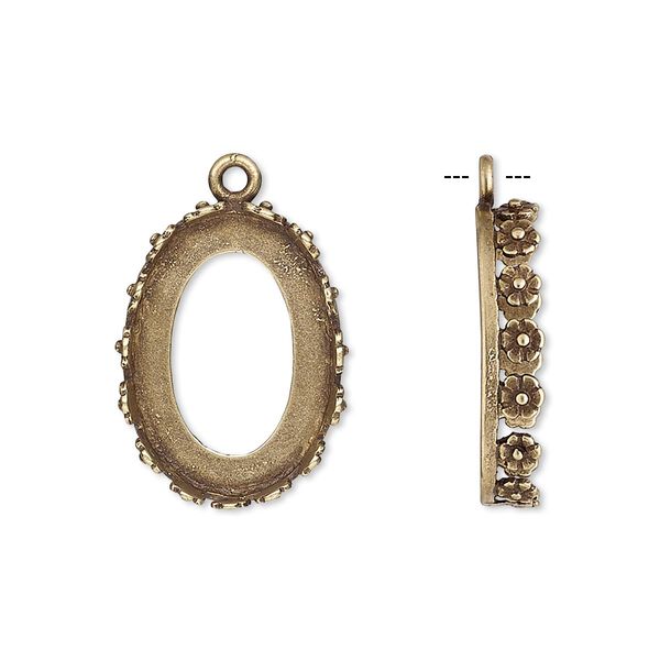 Drop, JBB Findings, antiqued brass, 20x15mm oval with open back and flower design trim, 18x13mm oval bezel setting. Sold per pkg of 2. image number 0