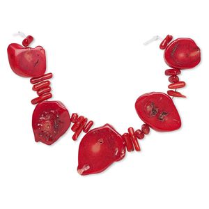 Bead, bamboo coral (dyed), red, 6x2mm-13x14mm stick and 18x16mm-43x23mm graduated top-drilled flat freeform, C grade, Mohs hardness 3-1/2 to 4. Sold per 4-inch strand.