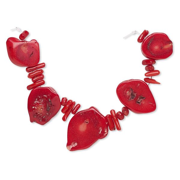 Bead, bamboo coral (dyed), red, 6x2mm-13x14mm stick and 18x16mm-43x23mm graduated top-drilled flat freeform, C grade, Mohs hardness 3-1/2 to 4. Sold per 4-inch strand. image number 0