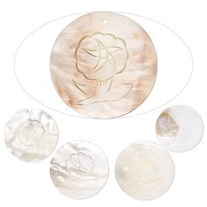Focal, mother-of-pearl shell (natural/bleached), 35-50mm hand-carved round with flower design, Mohs hardness 3-1/2. Sold per pkg of 5.