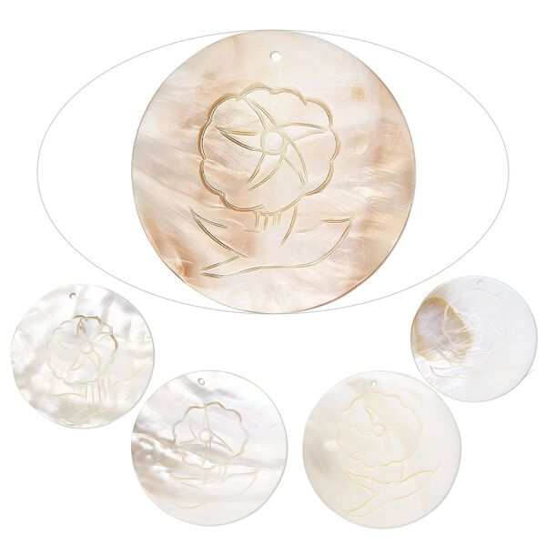 Focal, mother-of-pearl shell (natural/bleached), 35-50mm hand-carved round with flower design, Mohs hardness 3-1/2. Sold per pkg of 5. image number 0