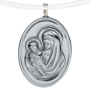 Hemalyke™ / brass 1pkg1, silver-finished 1-sided Mary w/baby Jesus oval pendant 41x31mm
