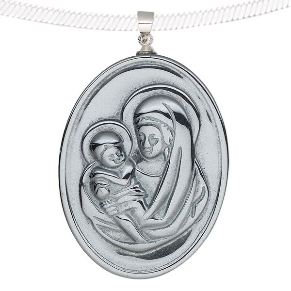 Hemalyke™ / brass 1pkg1, silver-finished 1-sided Mary w/baby Jesus oval pendant 41x31mm image number 0