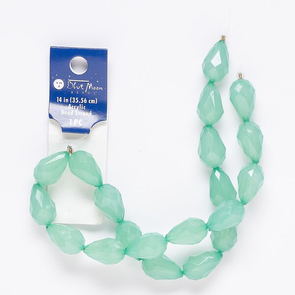 Bead, acrylic, translucent green, 19x12mm faceted teardrop. Sold per 14-inch strand. image number 0