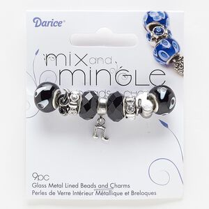 Bead, lampworked glass / glass rhinestone / silver- / antique silver-finished "pewter" (zinc-based alloy), black / white / clear, 8x4mm-15x12mm assorted shape, 4.5-5mm hole. Sold per pkg of 9.