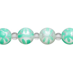 Bead, glass 1pkg8, opaque white and seafoam green, 10mm hand-painted round.