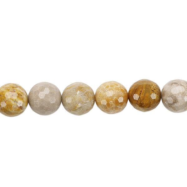 Bead, Indonesian fossil coral (natural), 8mm faceted round, B grade, Mohs hardness 6-1/2 to 7. Sold per 8-inch strand, approximately 20 beads. image number 0