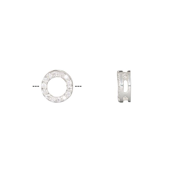 Slide, sterling silver and cubic zirconia, clear, 8mm single-sided open round, 4x1mm hole. Sold individually. image number 0