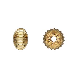 Bead, gold-plated brass, 12x8mm corrugated rondelle. Sold per pkg of 8.