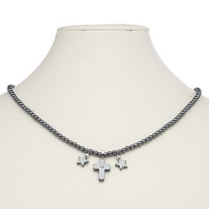 Hemalyke™ / steel / glass rhinestone 1pkg1, silver-plated cross necklace 18 inch barrel clasp 18x13mm