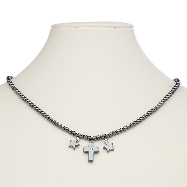 Hemalyke™ / steel / glass rhinestone 1pkg1, silver-plated cross necklace 18 inch barrel clasp 18x13mm image number 0