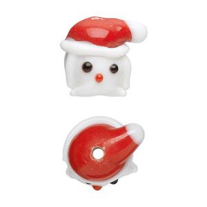 Bead, lampworked glass, red / brown / white, 17x14mm Santa head. Sold per pkg of 4.