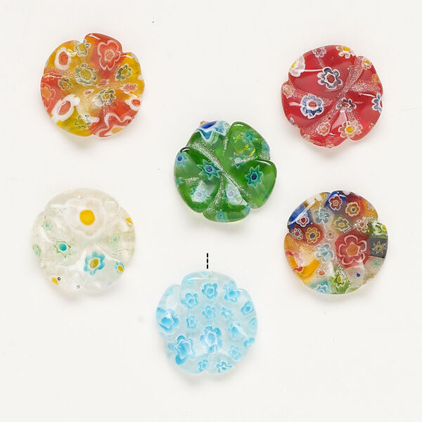 Bead, millefiori glass, translucent multicolored, 19-20mm half-drilled carved flower. Sold per pkg of 6. image number 1