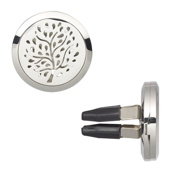 Gift, car vent clip, stainless steel and plastic, black, 30x29mm hinged round with cutout tree design and 4 prongs. Sold individually. image number 0