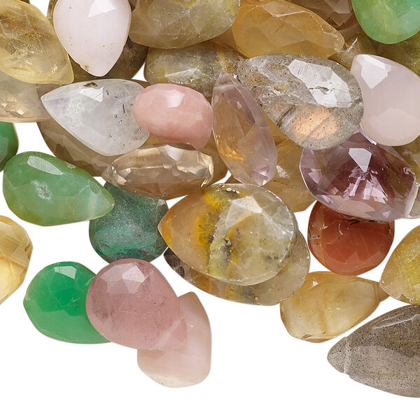 Bead mix, multi-gemstone (natural / dyed / heated), 11x7mm-18x11mm hand-cut top-drilled faceted puffed teardrop with 0.4-1.4mm hole, Mohs hardness 3 to 7. Sold per 2-ounce pkg, approximately 70-80 beads. image number 0