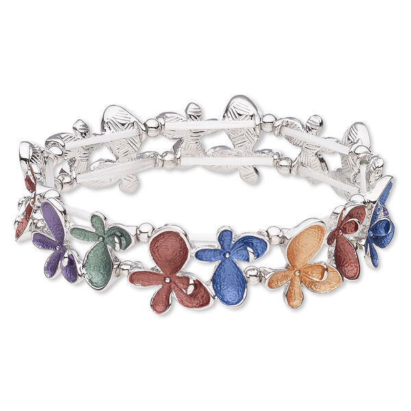 Bracelet, stretch, enamel / imitation rhodium-coated plastic / imitation-rhodium-plated "pewter" (zinc-based alloy), multicolored, 19mm wide with butterfly, 7-1/2 inches. Sold individually. image number 0